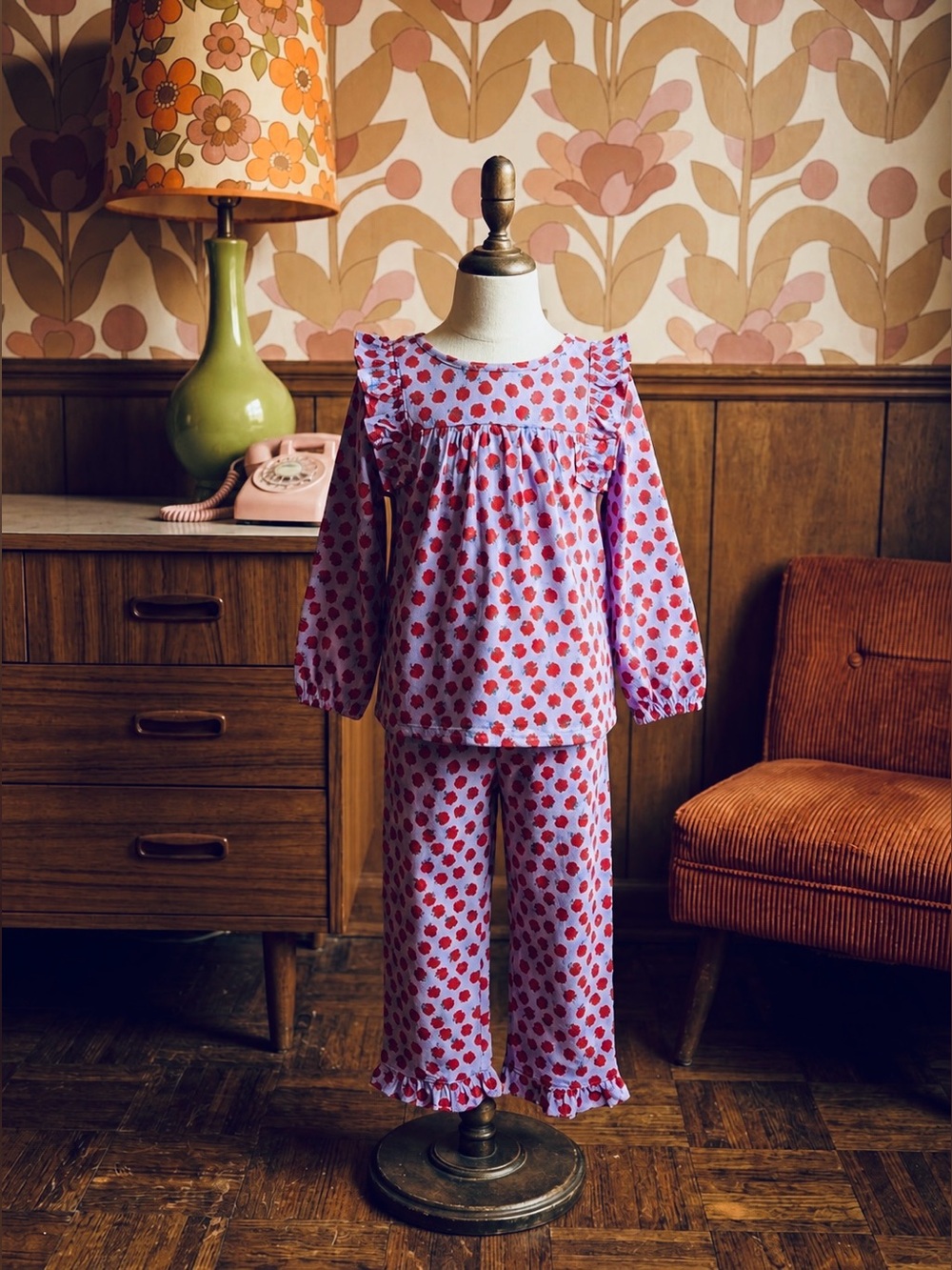 Crewcuts Cotton Matching Set | Lavender Purple w/ Red Apple Print